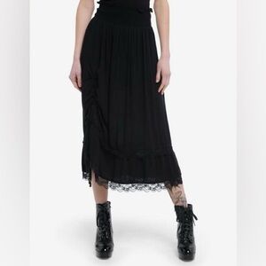 Black Lace Ruched Midi Skirt Small